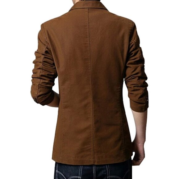 Men's Brown Slim 2-Button Single Breasted Cotton Lightweight Blazer Jacket Sport - Picture 2 of 3